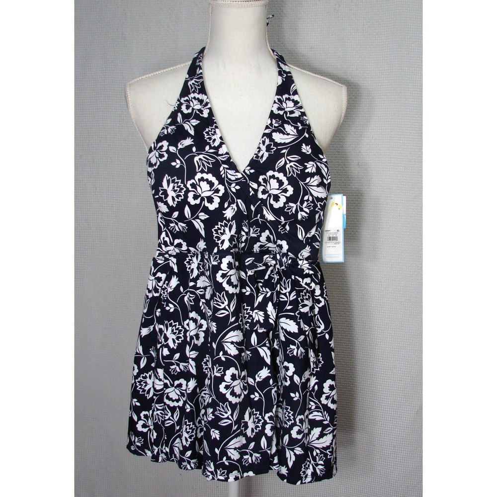 New Draper James RSVP One Piece Swimsuit Halter Style Faux Wrap Blue Floral XS
